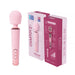 The Intense Waterproof Rechargeable Wand Vibrator with App Control in pink stands upright next to its box, which showcases product images and features in white and pink for powerful deep stimulation.