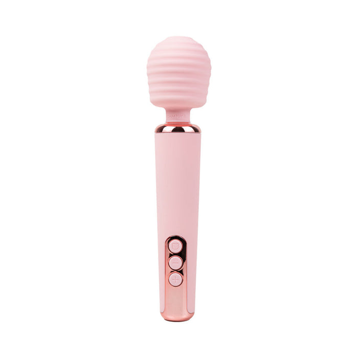 The Intense Waterproof Rechargeable Wand Vibrator with App Control, a pink handheld massager featuring an ultra-soft silicone head and three handle buttons, delivers powerful stimulation; shown against a white background.