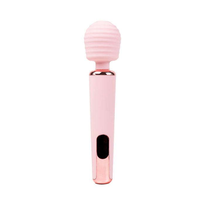 The Intense Waterproof Rechargeable Wand Vibrator with App Control is a pink handheld massager with ultra-soft silicone, ribbed design, metallic base accent, and powerful stimulation, shown vertically against a white background.