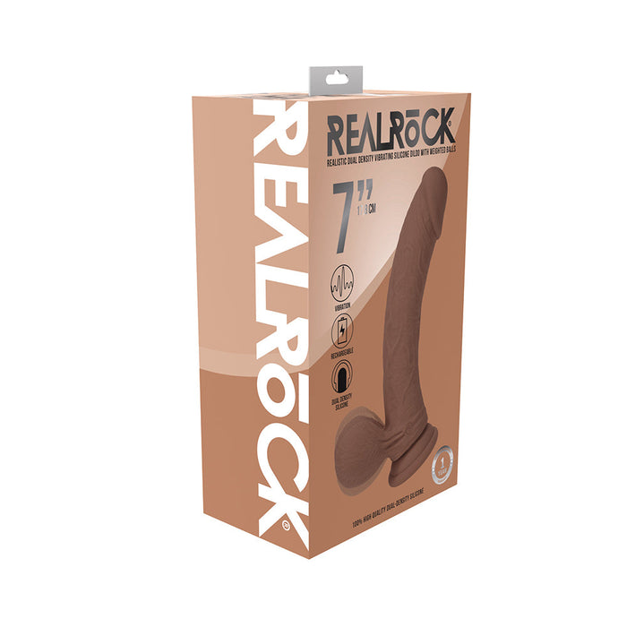 RealRock 7 Inch Dual-Density Vibrating Silicone Dildo with Weighted Balls - Caramel