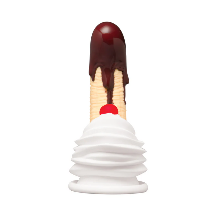 The Chocolate Dipped Banana Split Silicone Dildo with Suction Cup is crafted from body-safe silicone, featuring a chocolate-dipped tip, swirled whipped cream base, and cherry topper for a playful, unique look against a white background.