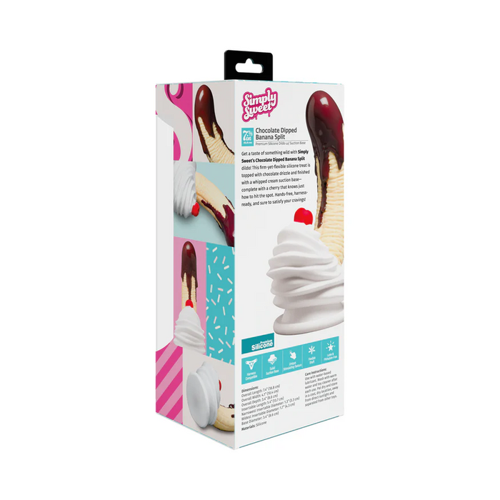 Box packaging for the Chocolate Dipped Banana Split Silicone Dildo with Suction Cup, featuring images of a chocolate-dipped banana, product details, and a secure suction base for easy use.