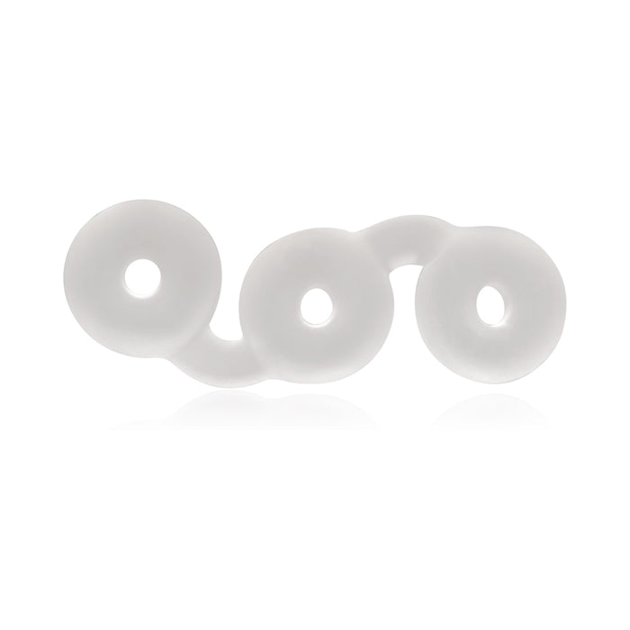 The Perfect Fit Triple Donut Ring and Penetration Bumper is a white, flexible Silaskin toy with three connected discs in a wave pattern, each with a center hole—ideal as a cock ring or for use as a penetration bumper.