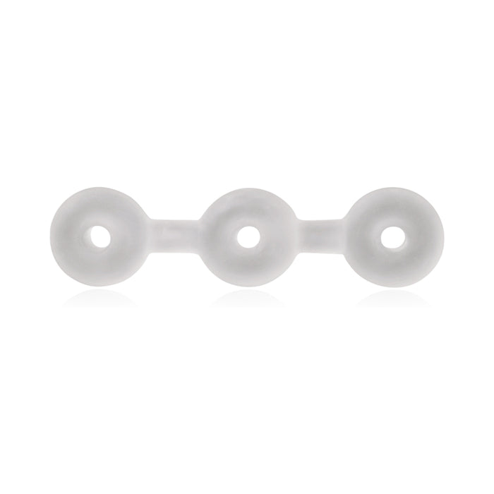 The Perfect Fit Triple Donut Ring and Penetration Bumper is a translucent Silaskin cock ring with three connected circular loops, each with a central hole, arranged in a straight line on a white background.