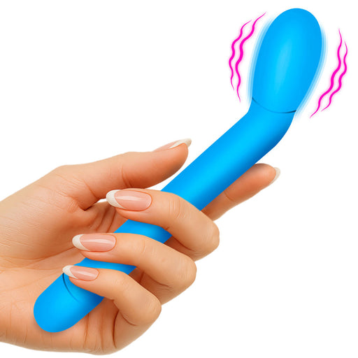 Hand holding a slim, bright blue angled G-spot vibrator with a smooth matte finish and vibrating motion effect.
