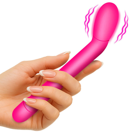 Hand holding a slim, bright pink G-spot vibrator with a curved, matte-finish shaft and motion vibration lines.