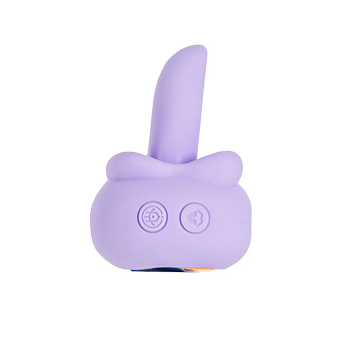 Compact lavender silicone tongue stimulator with a rotating tip and two control buttons on a rounded, ergonomic base.