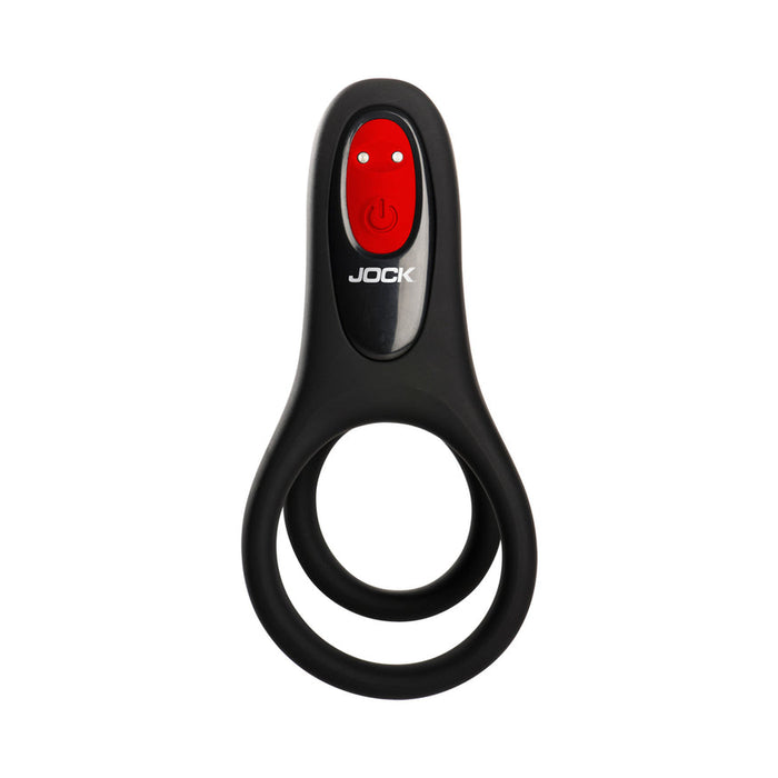The Hard-On Vibrating Silicone Cock Ring with Clit Stim, featuring dual black silicone openings and a red power button, is shown on a white background—ideal as a couples sex toy for enhanced clitoral and partner pleasure.