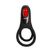 The Hard-On Vibrating Silicone Cock Ring with Clit Stim, featuring dual black silicone openings and a red power button, is shown on a white background—ideal as a couples sex toy for enhanced clitoral and partner pleasure.