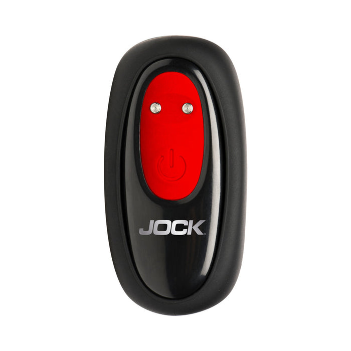 The Hard-On Vibrating Silicone Cock Ring with Clit Stim is a black and red oval-shaped silicone ring featuring a power button symbol, two small metal prongs, and "JOCK" branding, shown against a white background.