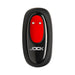 The Hard-On Vibrating Silicone Cock Ring with Clit Stim is a black and red oval-shaped silicone ring featuring a power button symbol, two small metal prongs, and "JOCK" branding, shown against a white background.