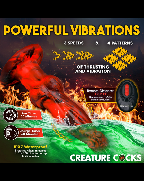Promotional poster for the XR Brands "Hell Wolf Thrusting & Vibrating Silicone Werewolf Dildo with Remote," a waterproof vibrating device featuring red and black design with flames and water graphics. Highlights 3 speeds, 4 patterns, remote control, 1 hour usage.