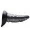 A detailed model of a XR Brands' Beastly Tapered Bumpy Silicone Grey Tentacle Dildo, viewed from the side, showing textured segments and tailspine on a white background.