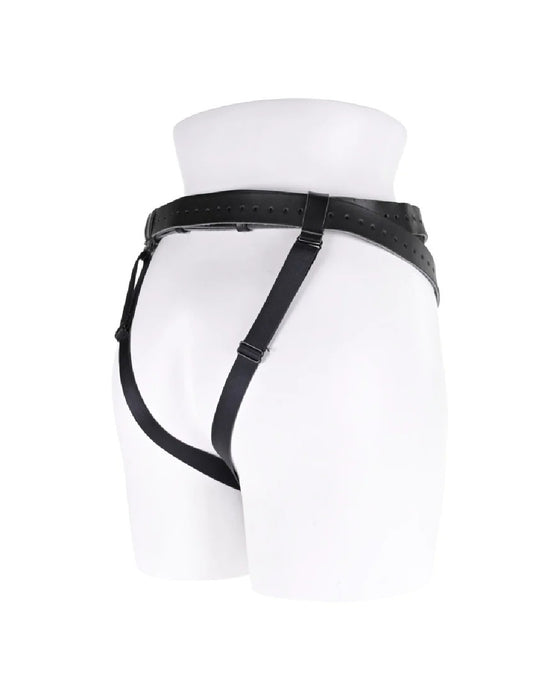 A mannequin torso displaying a Sportsheets Aurora High Waisted Adjustable Strap on Harness against a white background.