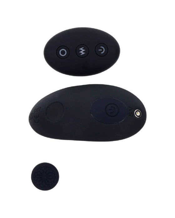 Two Hidden Pocket Strap On With Remote Control Vibrators by Sportsheets with silicone tips and a charging case on a white background.