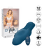 Image of a blue Dual Rider Remote Control Bump & Grind Humping Vibrator from CalExotics with a separate remote control and product packaging. The box features a model in lingerie, with icons indicating "12 functions," "dual motors," "remote 32.75'/10m range," "silicone," "waterproof vibrator," "USB," and a "1-year warranty.
