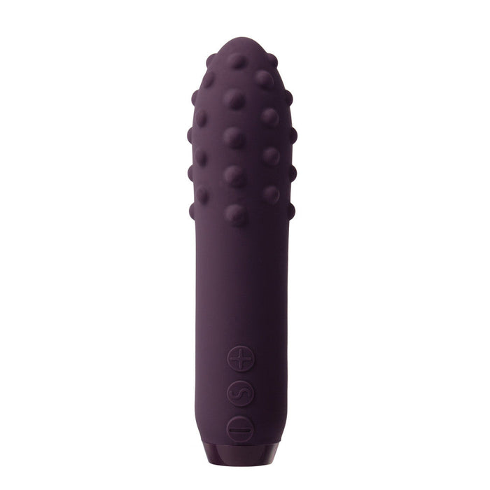 Midnight Magic Duet bullet vibrator, deep purple silicone, textured tip, and control buttons.