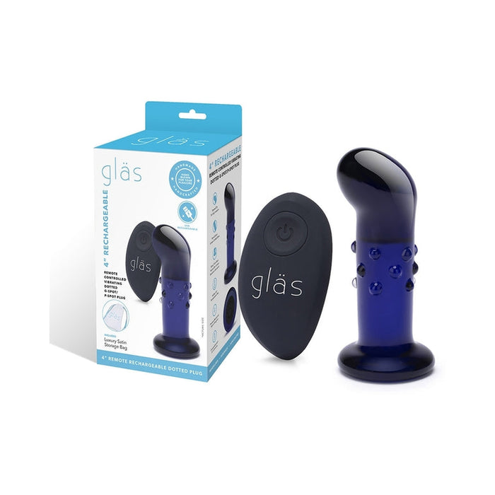 The Glas Rechargeable Remote-Controlled G-Spot & Prostate Vibrator, shown beside its branded packaging, is a versatile blue glass plug designed for beginners seeking elegant, hands-free pleasure with a wireless remote control.