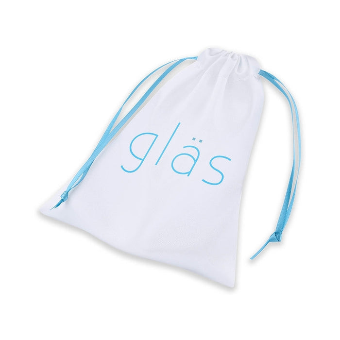 A beginner-friendly white pouch with "gläs" in light blue and two blue ribbons, perfect for storing your Glas Rechargeable Remote-Controlled G-Spot & Prostate Vibrator. The pouch is shown against a white background.