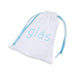 A beginner-friendly white pouch with "gläs" in light blue and two blue ribbons, perfect for storing your Glas Rechargeable Remote-Controlled G-Spot & Prostate Vibrator. The pouch is shown against a white background.
