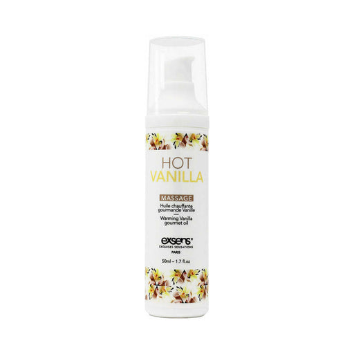 A white bottle of Exsens Hot Vanilla Warming Oil with floral accents, labeled in gold and black—perfect for pairing with the Turn Up the Heat Together – Couples’ Warming Pleasure Bundle for enhanced relaxation.