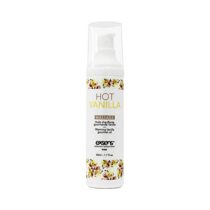 A white bottle of Exsens Hot Vanilla Warming Oil with floral accents, labeled in gold and black—perfect for pairing with the Turn Up the Heat Together – Couples’ Warming Pleasure Bundle for enhanced relaxation.