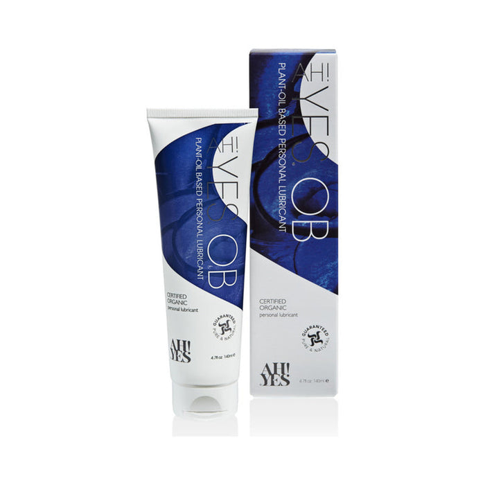 A tube and box of AH! YES OB Plant-Oil Based Personal Lubricant, certified organic and vegan, displayed upright on a white background.