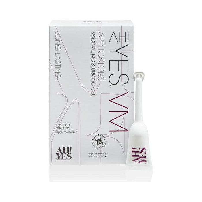 A box of AH! YES VM pH Matched Vaginal Moisturizer for Everyday Use with 6 applicators is shown in front. The white packaging highlights it as a certified organic, non-hormonal solution for long-lasting relief from vaginal dryness.