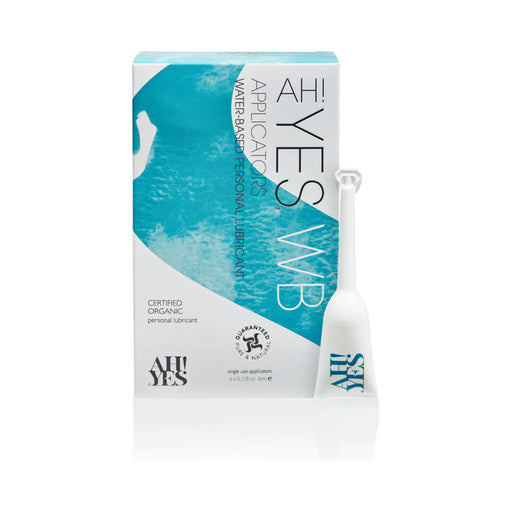 AH! YES WB Water-Based Personal Lubricant Applicators 6-Pack is shown next to a single applicator. The blue and white packaging displays product information and branding.