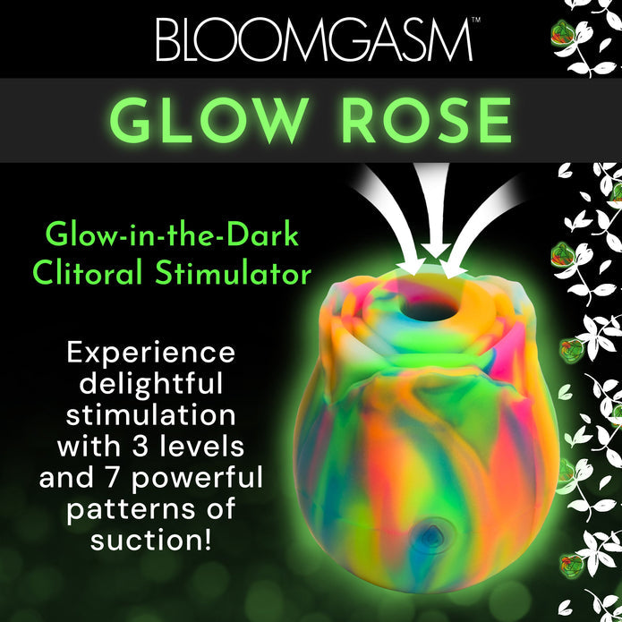 The Bloomgasm Glow Rose Glow-in-the-Dark Clitoral Stimulator uses air pulse tech with 3 intensities and 7 suction patterns for clitoral pleasure. Shown on a vibrant floral background with the product name displayed.