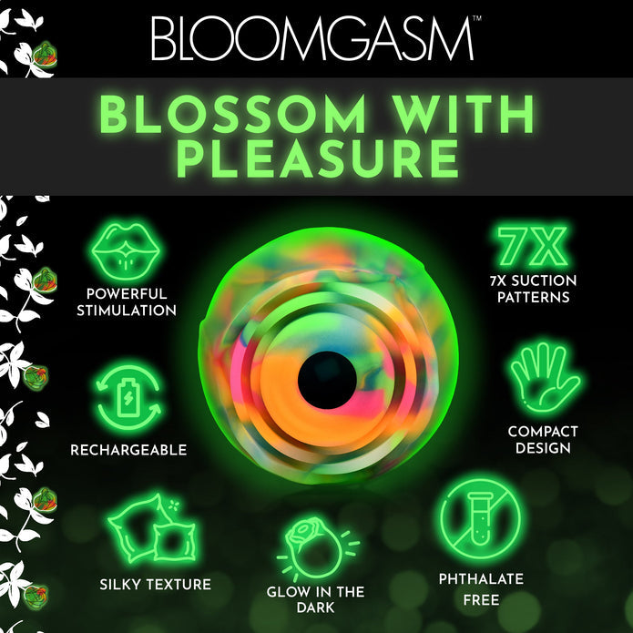 The Bloomgasm Glow Rose Glow-in-the-Dark Clitoral Stimulator offers powerful suction, 7 air pulse patterns, silky texture, compact design, is rechargeable, phthalate-free, and glows green for a vibrant experience.
