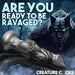 A fantasy-themed ad features a glowing-eyed werewolf in a dark forest with the Night Prowler 10 Inch Werewolf Canine Dildo with Knot in front. Bold text: "Are you ready to be ravaged?" Brand name “Creature Cocks” below.