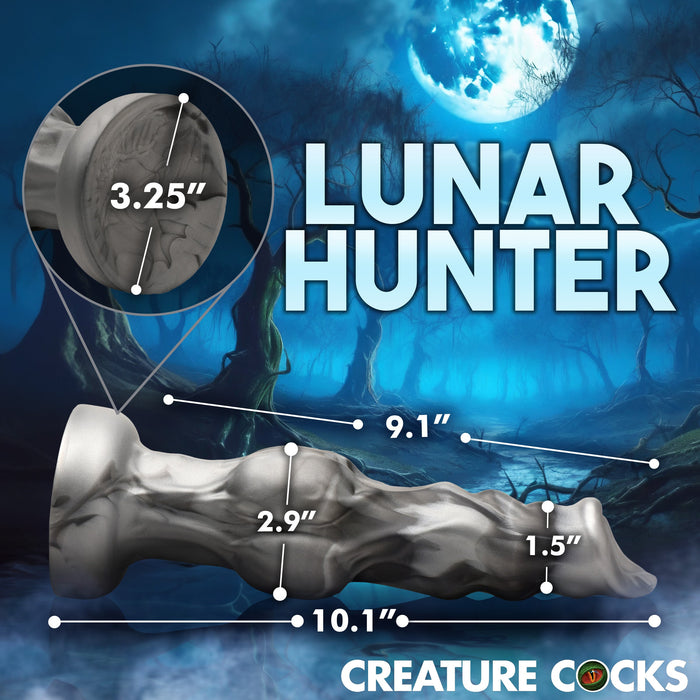 A moonlit forest backdrop showcases the Night Prowler 10 Inch Werewolf Canine Dildo with Knot, featuring labeled measurements on each section. Large text reads "LUNAR HUNTER" and "CREATURE COCKS." Strap-on harness compatible silicone toy.