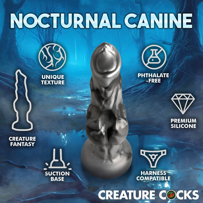 The Night Prowler 10 Inch Werewolf Canine Dildo with Knot is showcased centerstage, featuring a unique texture, phthalate-free premium silicone, werewolf design, strong suction base, and strap-on compatibility in a mystical forest setting.