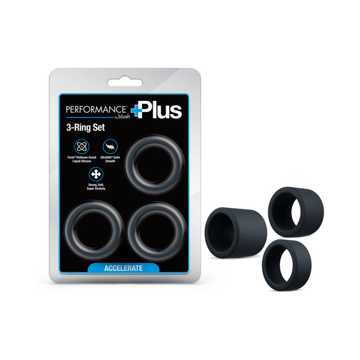 A package labeled "Accelerate Thick Stretchy Black Silicone Cock Rings – Set of 3 for Firmer Erections" sits beside three rings. The packaging highlights 3 sizes and icons for body safety, stretchiness, and premium liquid silicone.