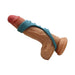 The Adam & Eve Ridged Cock Cage with Shaft Support, a blue stretchy silicone ring, is shown wrapped around a realistic dildo shaft on a white background.