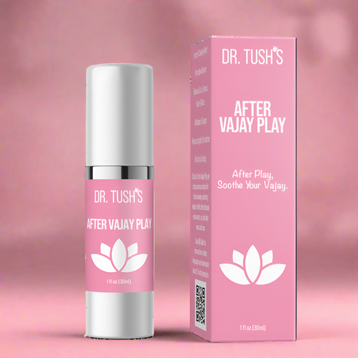 A pink box and matching bottle labeled "After Vajay Play Soothing Lotion by Dr. Tush," featuring a white lotus on a pink background. This pH-balanced feminine lotion soothes and supports intimate skin recovery after play.