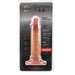 The image features the Albur Ultra Realistic Thick Poseable 8 Inch Silicone Dildo, a flesh-colored toy with a pink tip in clear plastic packaging that highlights its body-safe silicone and details in English and Spanish.
