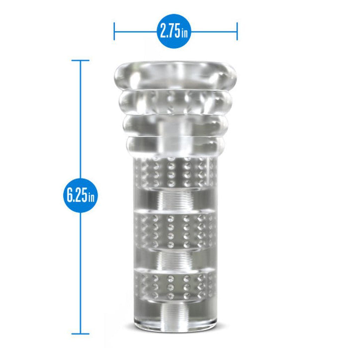 The All Nighter Glow in the Dark Textured Clear Self Lubricating Stroker by Blush is a transparent cylindrical device featuring three textured sections and a flared top, crafted from TPE material. Its dimensions measure 2.75 inches in diameter and 6.25 inches in height.