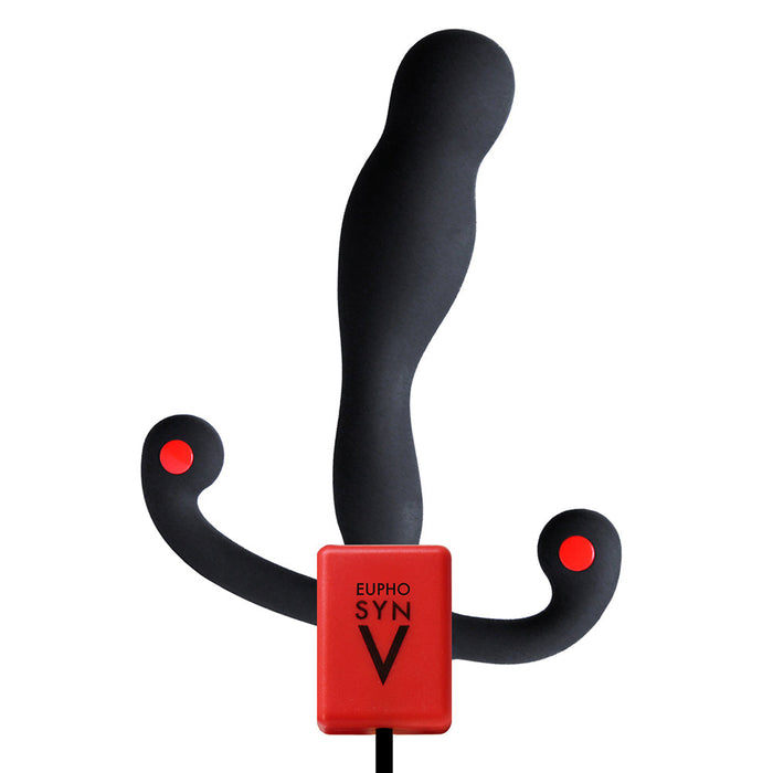 The Aneros Eupho Syn V Vibrating Silicone Prostate Massager with Remote is a black, curved device with red accents and multiple vibration patterns for customized stimulation.