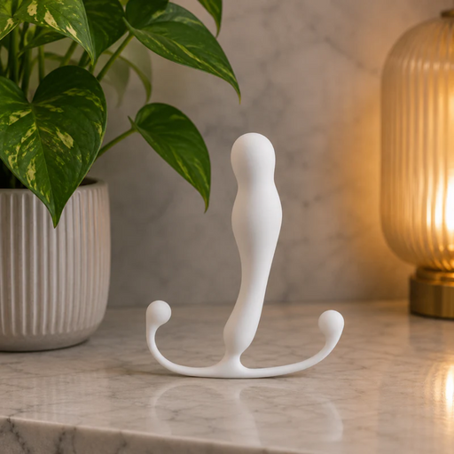 A white Aneros Eupho Trident Hands-Free Prostate Massager with a curved design rests on a marble countertop beside a potted plant and a glowing ribbed glass lamp, offering hands-free prostate pleasure.