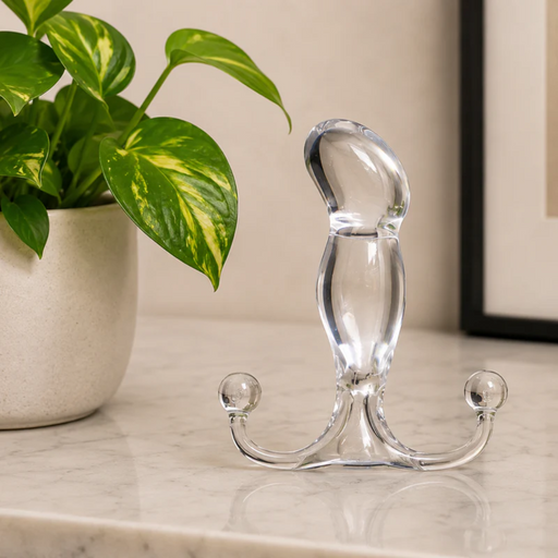 The Aneros Progasm Ice Hands-Free Prostate Massager (Large), made of clear glass with a curved, bulbous shape and two round ends, rests on a marble countertop beside a green potted plant, ready for hands-free use.