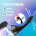 The Aqua Jet Vibrating Powered Anal Douche - Ultra Hygienic, shown with water splashes on a blue-purple gradient, features a black, curved ergonomic design, posable neck, wireless remote, ultra-quiet use, and customizable jet pressure.