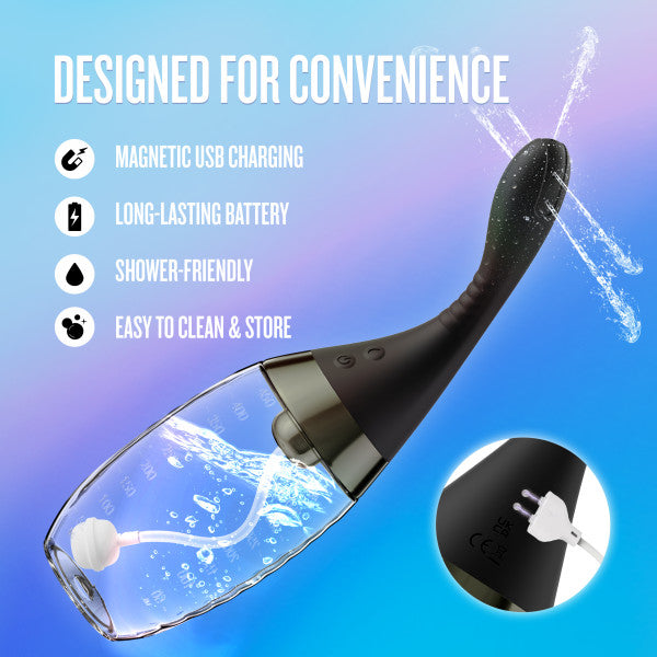 Close-up of the Aqua Jet Vibrating Powered Anal Douche—Ultra Hygienic in black and clear, with water splashes. Features ergonomic design, customizable jet pressure, magnetic USB charging, shower-friendly use, and easy cleaning. Charging port shown.