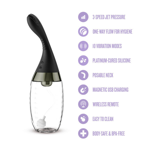 The Aqua Jet Vibrating Powered Anal Douche - Ultra Hygienic, shown in black and transparent with an ergonomic curved neck, features customizable jet pressure, 10 vibration modes, silicone material, USB charging, remote control, and is BPA-free.