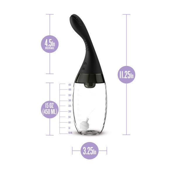 The Aqua Jet Vibrating Powered Anal Douche - Ultra Hygienic features a clear, curved 15 oz bottle with a black angled nozzle (4.5" L), ergonomic design, measurement markers, and adjustable jet pressure. Measures 11.25" tall by 3.25" wide.