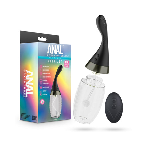 A black "Aqua Jet Vibrating Powered Anal Douche - Ultra Hygienic" with ergonomic design, clear water reservoir, remote control, customizable jet pressure, and colorful packaging for a personalized and hygienic cleanse.