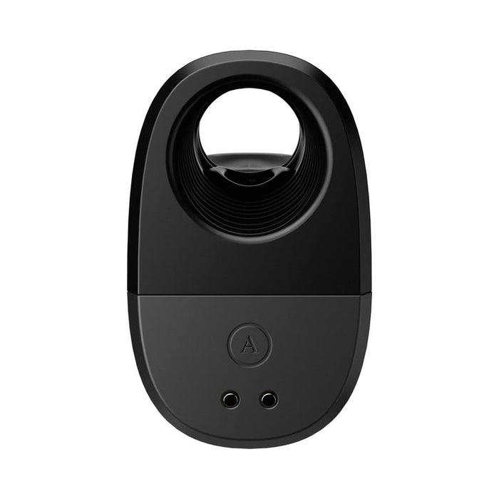 The Arcwave Ion 2 Penis Masturbator with Pleasure Air Suction, in black silicone with an oval shape, a top circular opening, button "A," and two holes near the base, is shown on a white background.