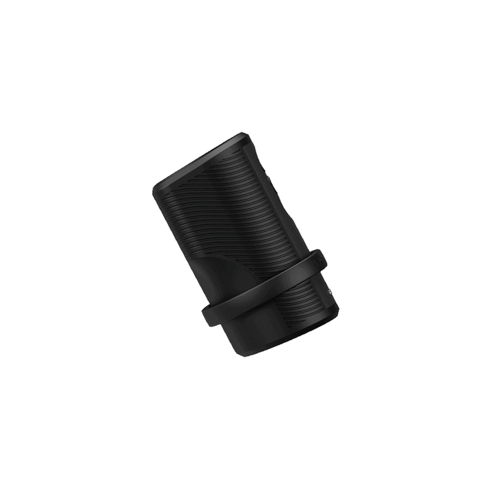 The Arcwave Zing Adjustable Vibrating Silicone Masturbator, black and cylindrical with textured curves and a central circular band, is displayed against a white background.