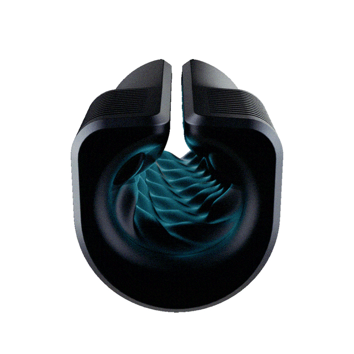 A sleek, black cylinder with a top slit and glowing blue waves inside, this abstract device recalls the innovative design of the Arcwave Zing Adjustable Vibrating Silicone Masturbator, set against a white background.